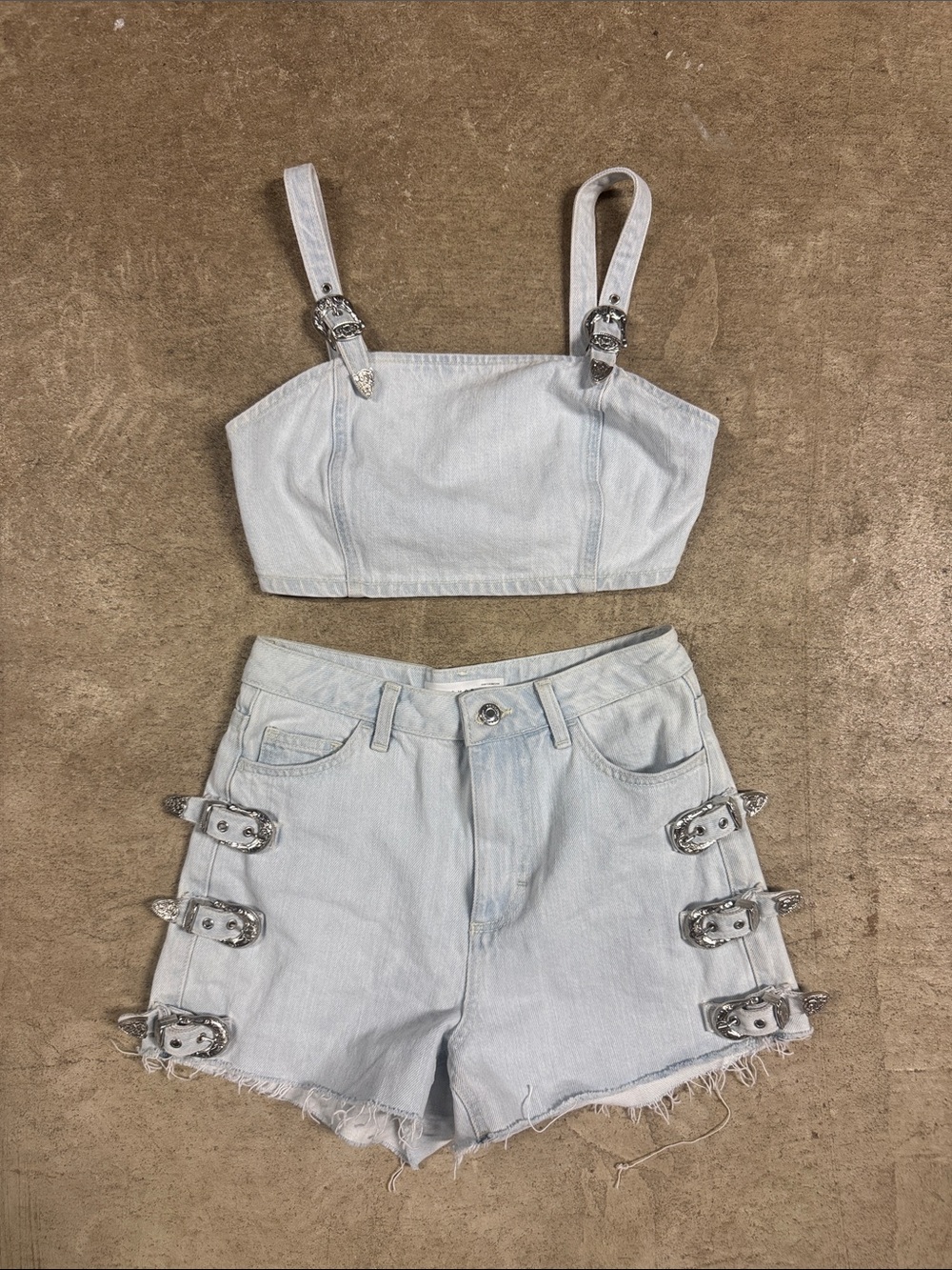 Topshop Light Wash Denim Crop Top and High-Waist Buckle Shorts